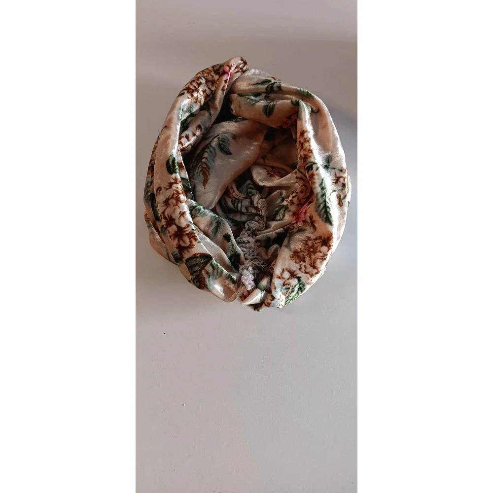 Brown Floral Velvet Front Twist Modest Bohemian Headpiece Hijab Cap Turban